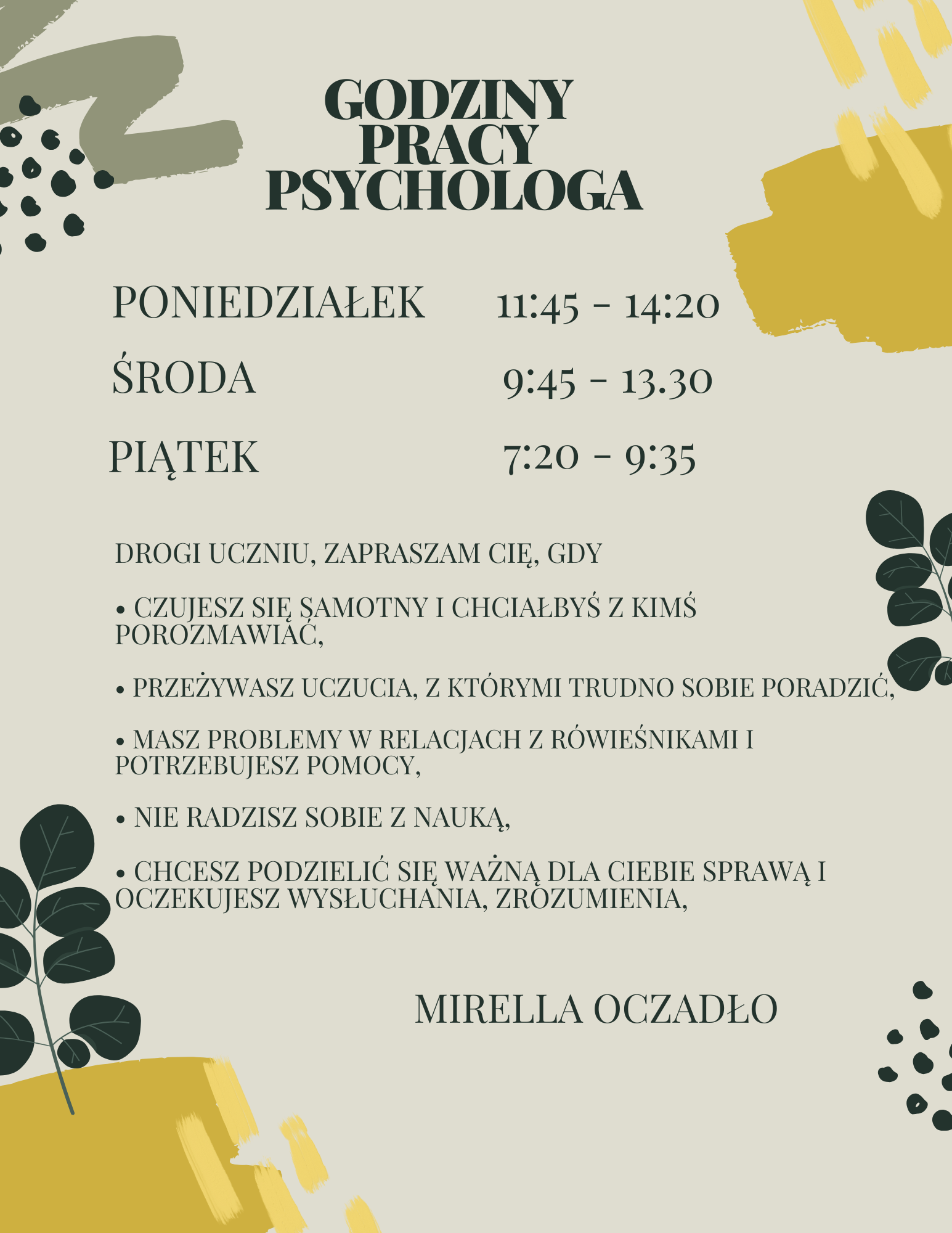 Godziny pracy psychologa szkolnego